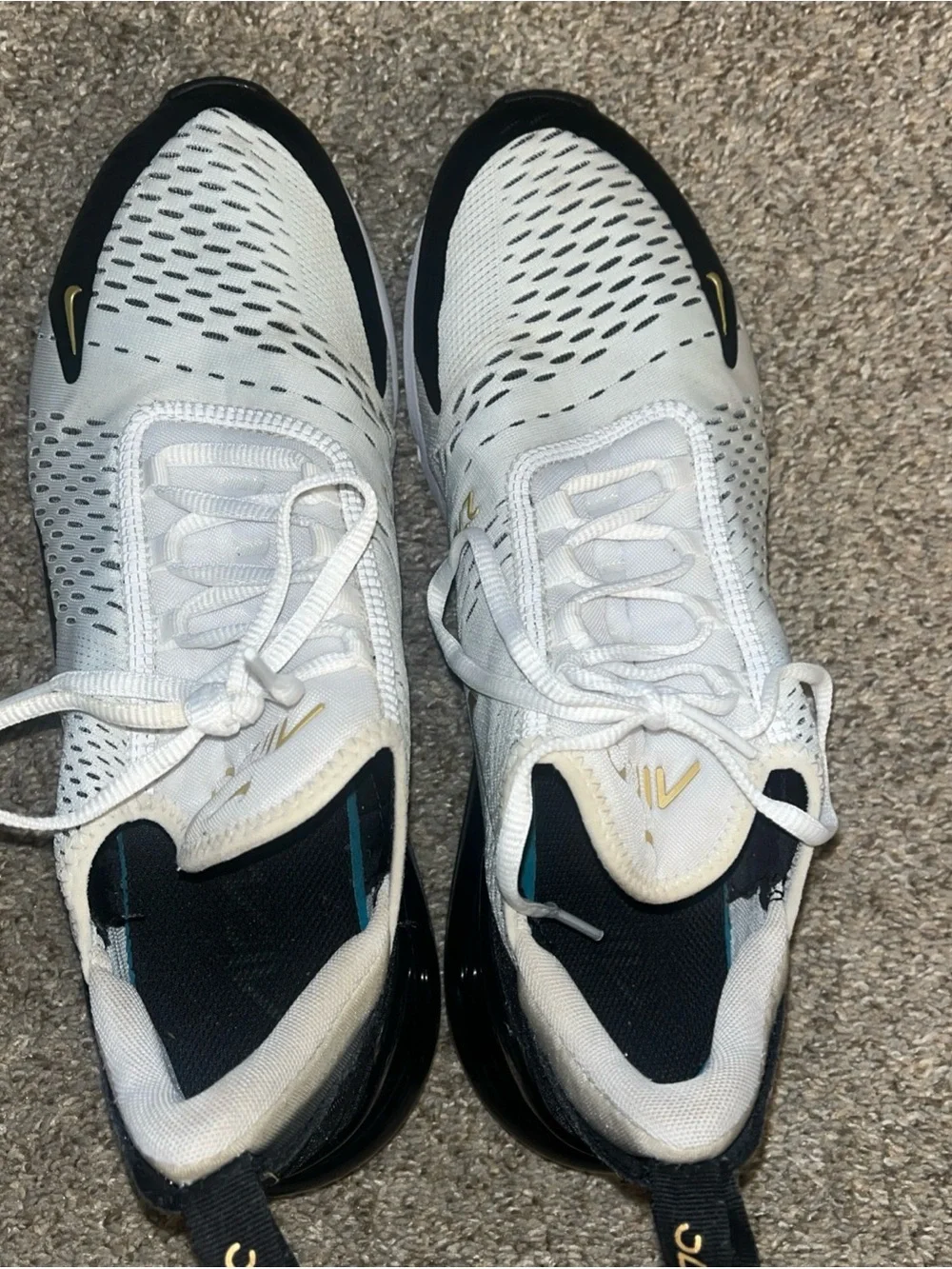 Nike Air Max 270 White Metallic Gold Black Mens 10.5 Shoes AV7892-100 Very Clean